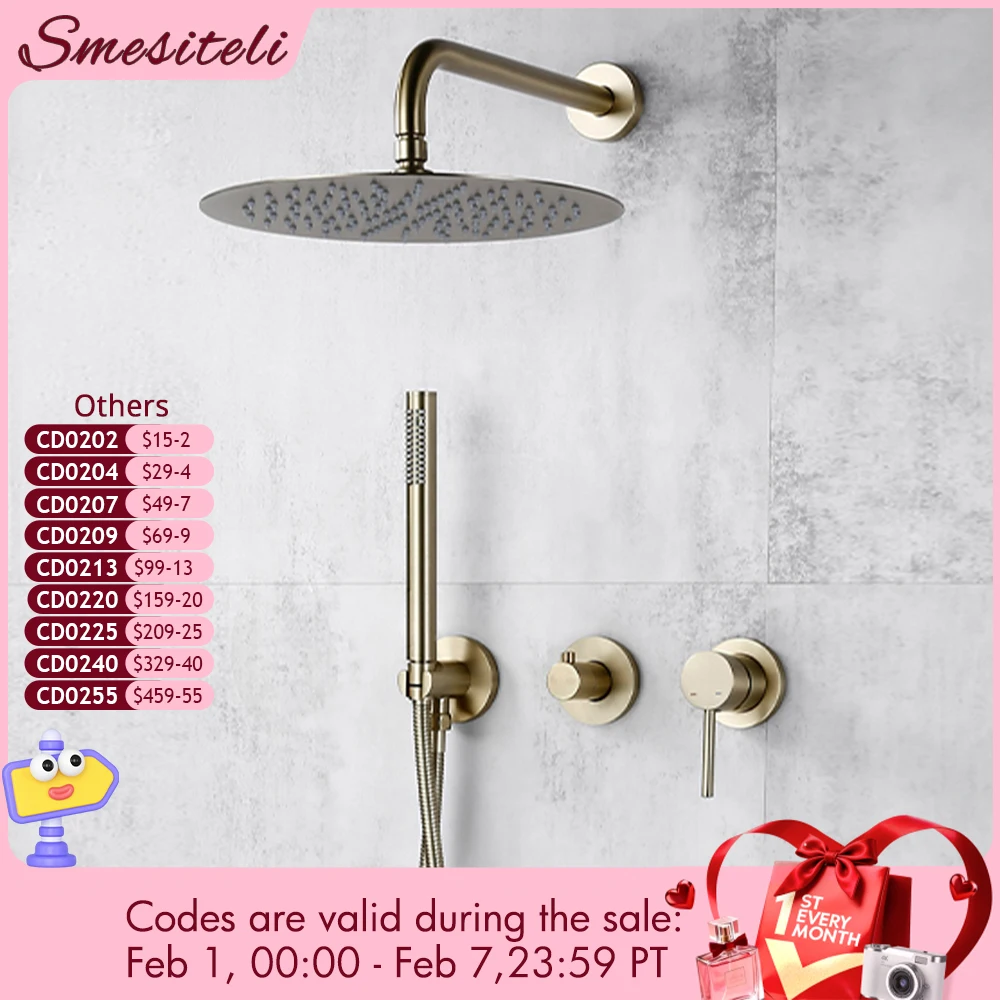 

Smesiteli Shower System Set Brushed Gold Wall Mount Bathroom Faucet Hidden Brass Hot Cold Valve Bath Shower Rain Shower Kit