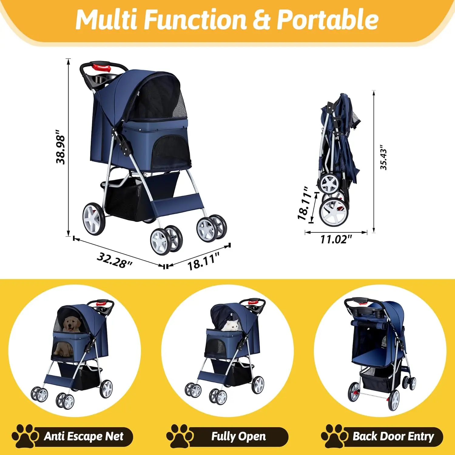 Wheels Dog Cat Stroller for Medium Small Dogs Cats, Folding Cat Jogger Stroller with Storage Basket & Breathable