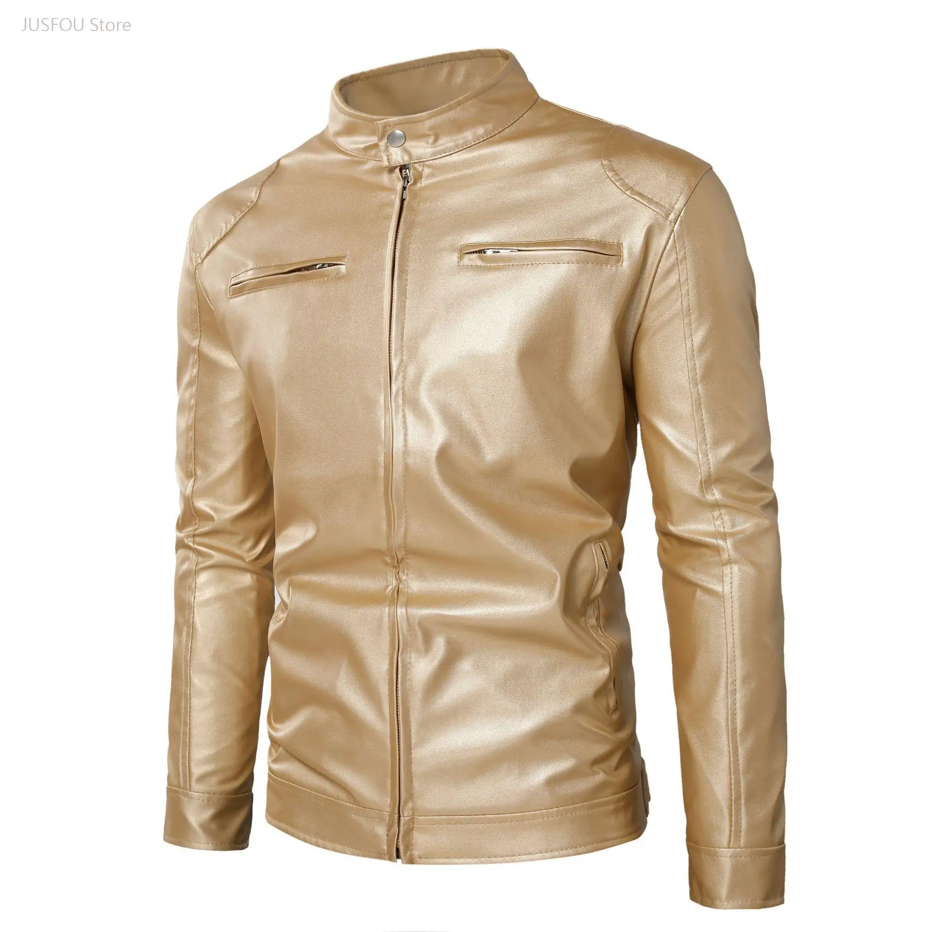 Men Stand Collar Shiny Metallic Pu Leather Jacket Slim Zipper Coat Gold Silver Stage Performance Party Outerwear S To 5Xl