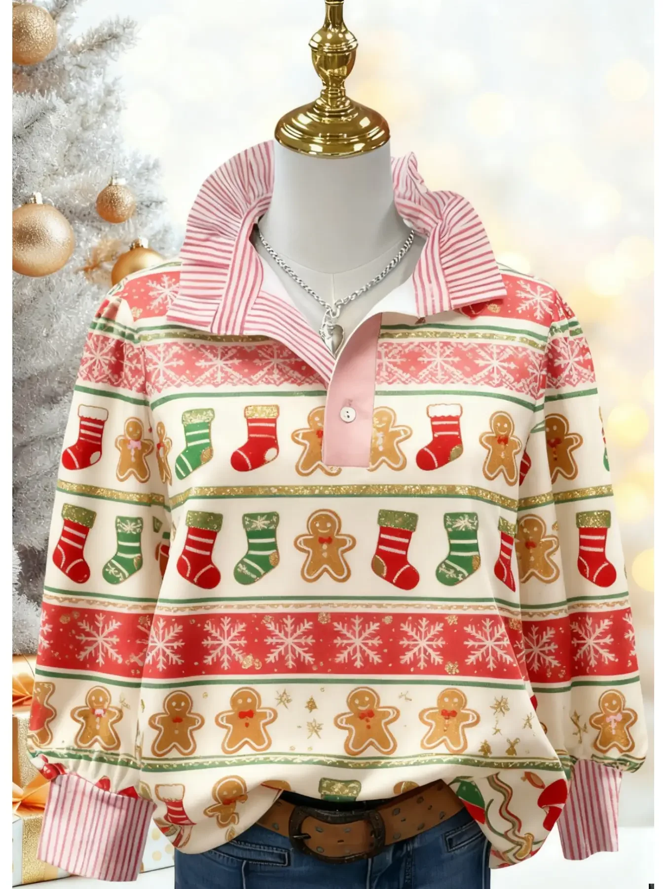 

A women's top for spring and autumn winter, women's stand up collar shirt with long sleeves, creative printing, 2026