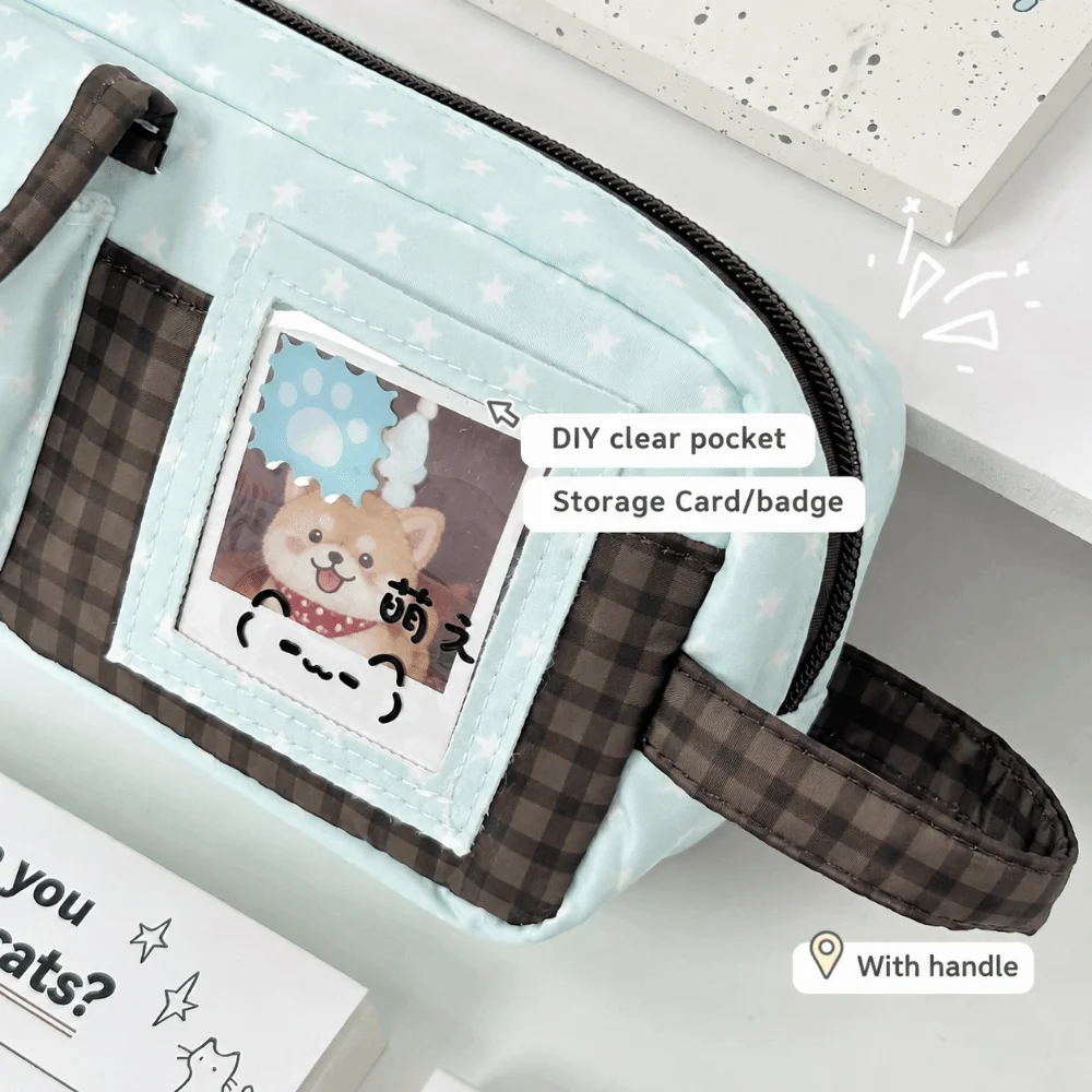 Kawaii Mint Chocolate Pencil Case Large Capacity Cat Print Pen Bag Multi Compartment Pencil Pouch School Supplies