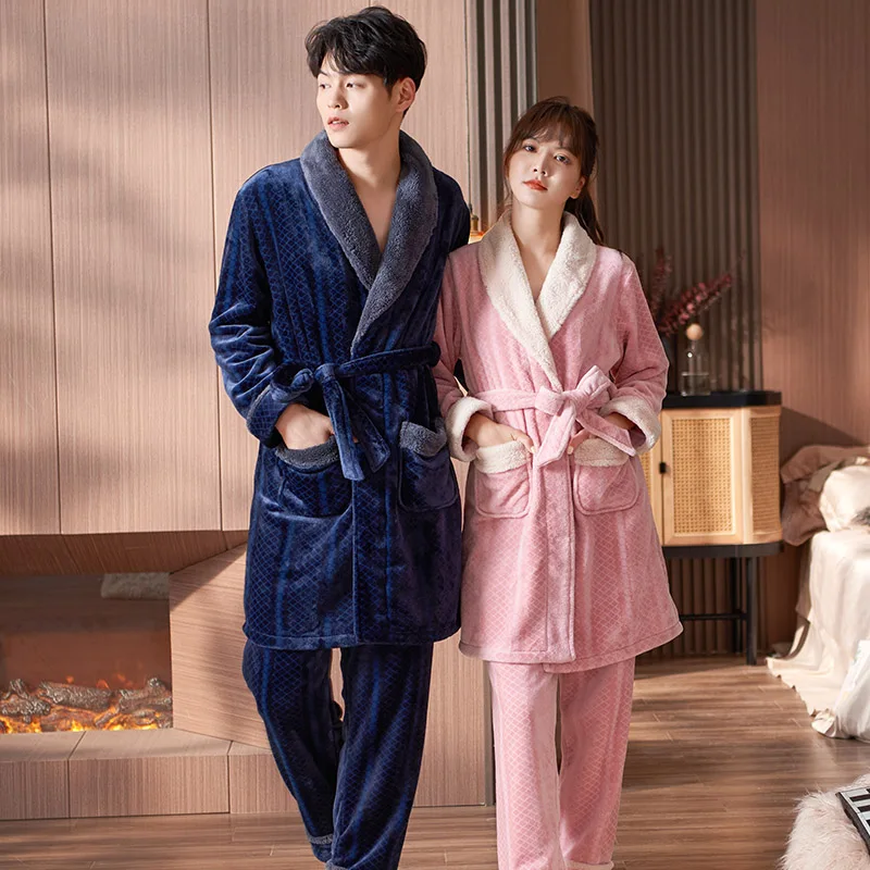 Couples Nightgown Thick Coral Fleece Men's Bathrobe + Pants 2pcs Kimono Pajama Women Sexy Robe Home Service Lovers Homewear XXXL