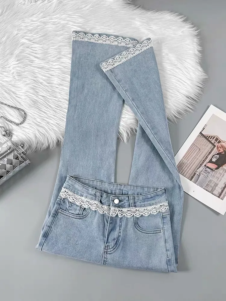 

Light Blue Lace Trim Flared Jeans Women's Spring Summer Thin Loose Draping Non-Matching Leg Floor-Length Bell Bottoms