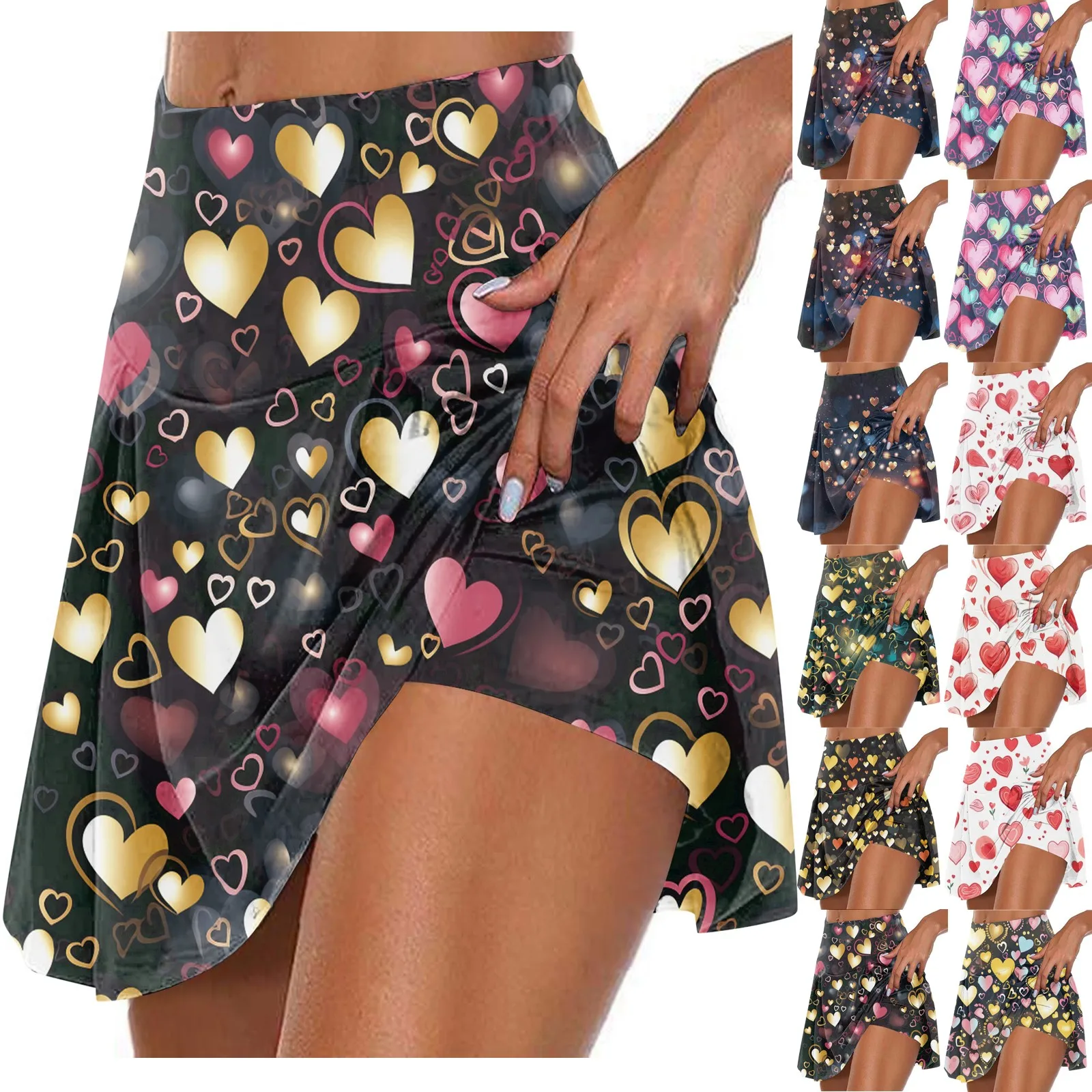 Women'S Valentine'S Day Print Athletic Stretchy Pleated Tennis Skirts Run Yoga Inner Shorts Elastic Sports Golf Skorts スカート