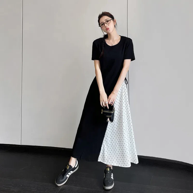 女性用半袖Tシャツドレス,ルーズフィット,ラージサイズ,黒,水玉模様,パッチワーク,夏服,2020