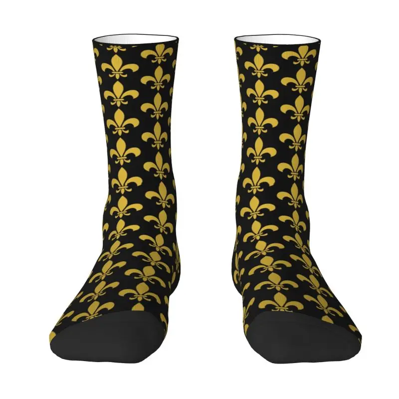 Custom Funny Luxury Gold Fleur De Lis Design On A Black Background Socks Women Men Warm 3D Printing Sacred Flower Basketball