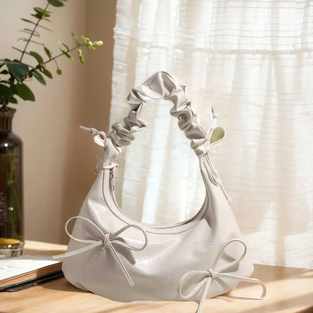 

PU Leather Crescent Bag Bowknot Women Pleated Handbag Zipper Shoulder Bag Casual Tote Bag for Shopping Work Travel
