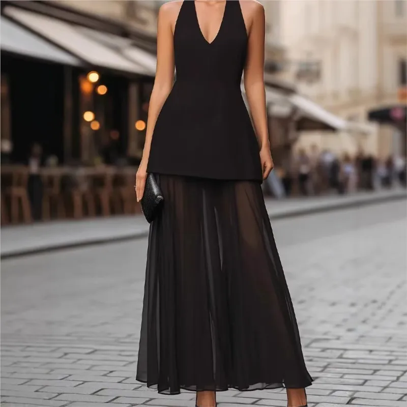 Black Deep V-neck Halter Maxi Dress Set 2026 Sexy Slim See-through Half-length Backless Dress 2-piece Set Vacation Evening Party