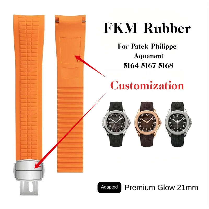 21mm Soft FKM Rubber Strap for Patek Philippe Aquanaut 5164 5167 5168 Orange Deployment Clasp Luxury Men Replacement Watch Band