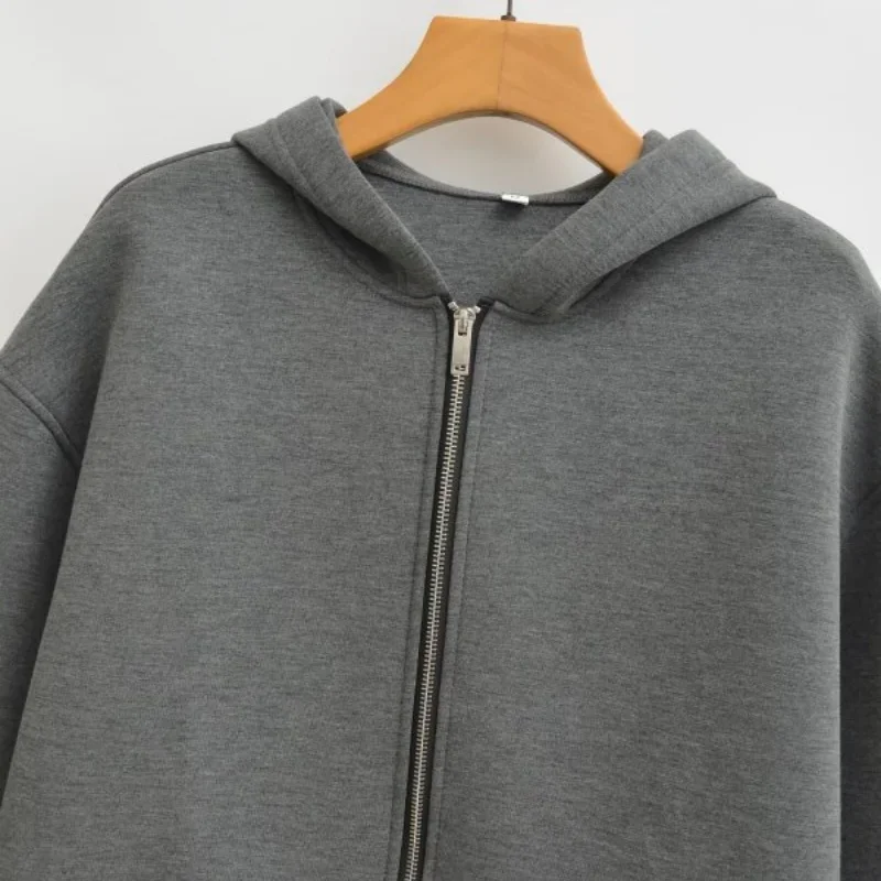 سترة بقلنسوة كاجوال للطيار باللون الرمادي الداكن معطف نسائي دافئ بسحاب عصري وأكمام طويلة فضفاض ملابس الشارع الشهير