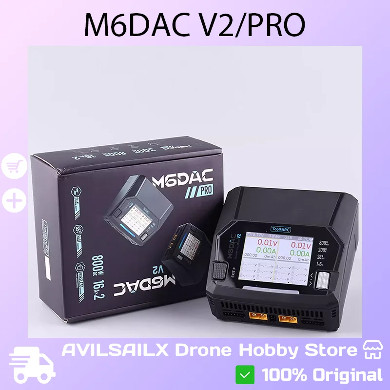 

ToolkitRC M6DAC V2 / Pro Dual Channel Smart Balance Charger AC/DC 1-6S for FPV Drone, RC Car, Boat & Model Lithium Battery
