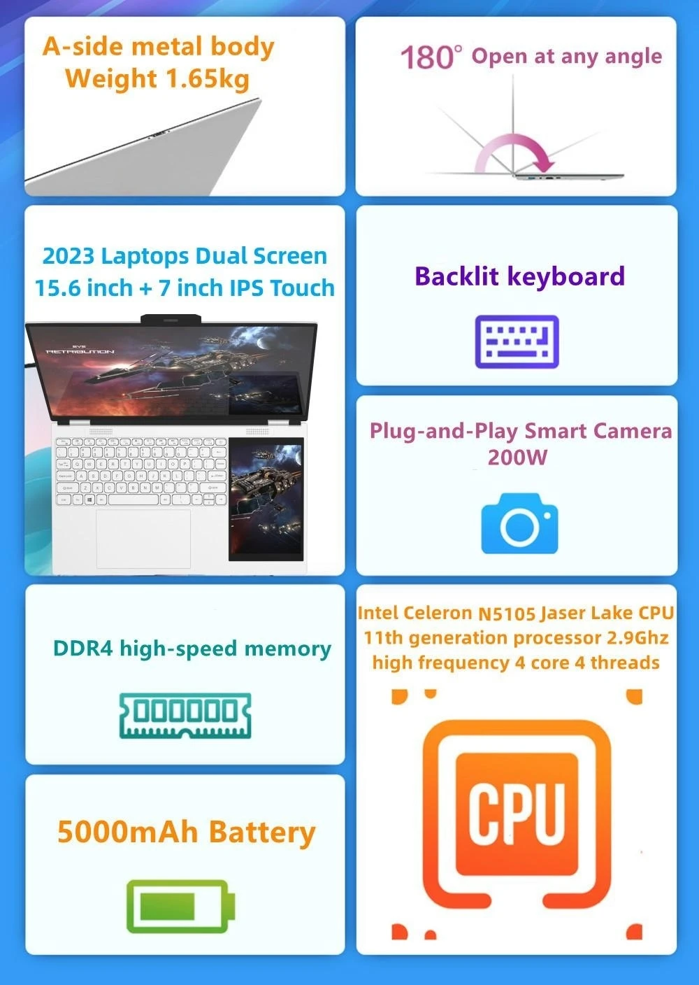 Imagem -06 - Laptop Dual Screen com Touch Lcd pc Notebook Portátil Intel N100 16g Ddr4 1tb Ssd 15.6 Ips 2k Novidades