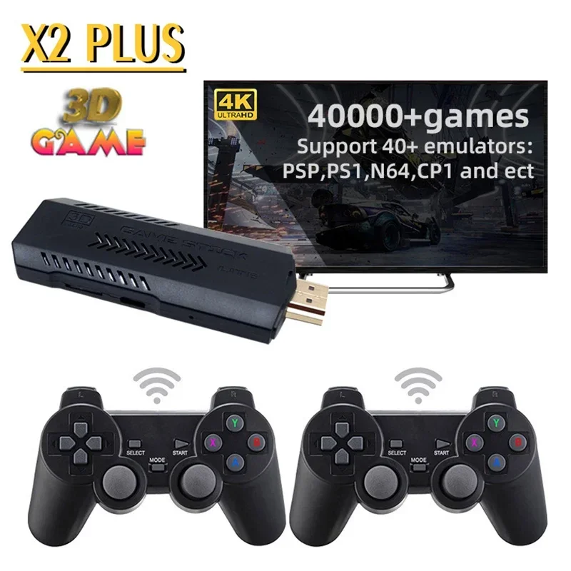 X2 Plus 4K HD Retro Video Game Console Game Stick Large 40000+ 3D Games Emuelec4.3 System 40 Emulators for PSP/PS1/GBA/MAME/SEGA