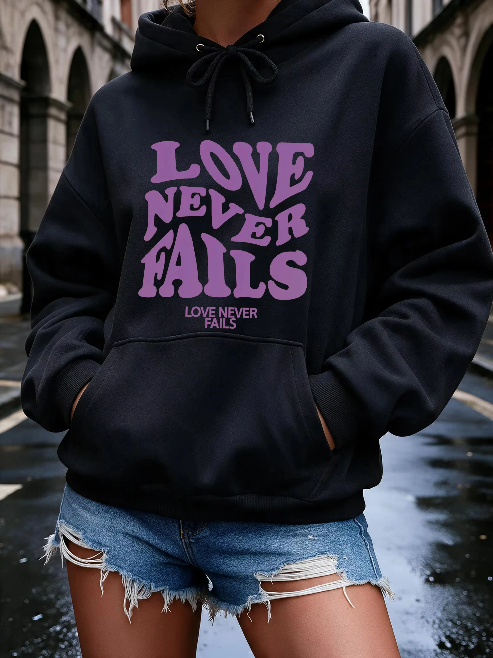 Letter Love Never Fails Print Women's Hoodies Fashion Pocket Sweatshirts Graphic Y2k Pullovers Clothes Female Outfit Daily Wear