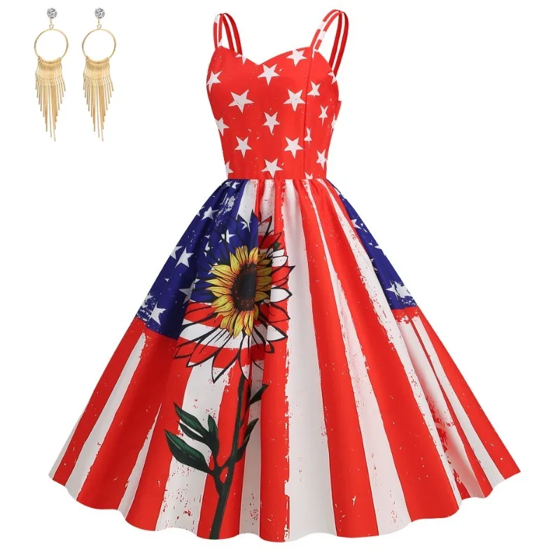 Independence Day USA Flag Print Strap Dress with earring 1950s Audrey Hepburn Printed Dress Women Party Evening Cocktail Dresses