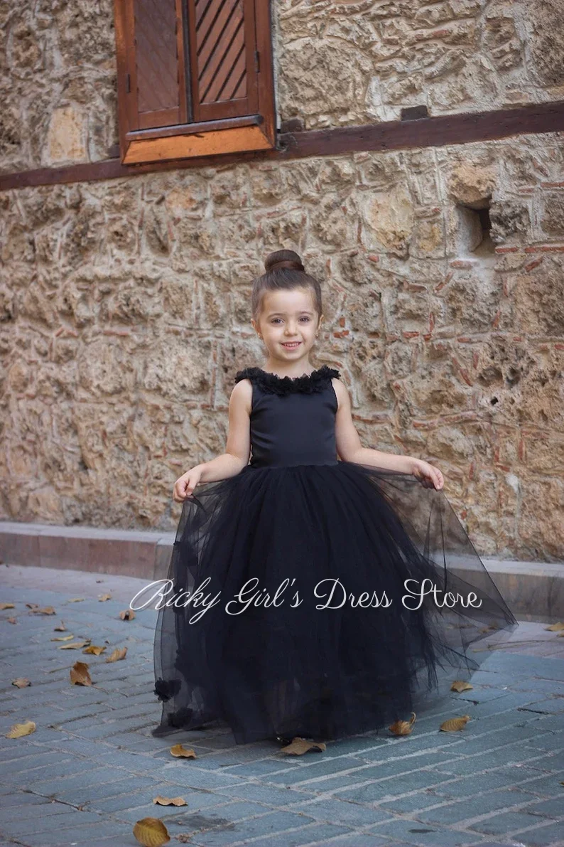 3d Flowers Tulle Black Flower Girl Dress With Tail For Wedding Ceremonies Formal Receptions Birthday Party Dance Performances