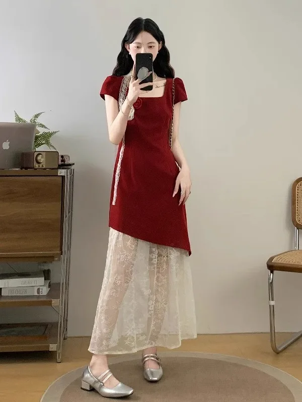 

Red Square Collar Maxi Dress Women Summer New Large Size Lace Splice Hanging Neck Gown Casual High Waist A-Line Long Dress
