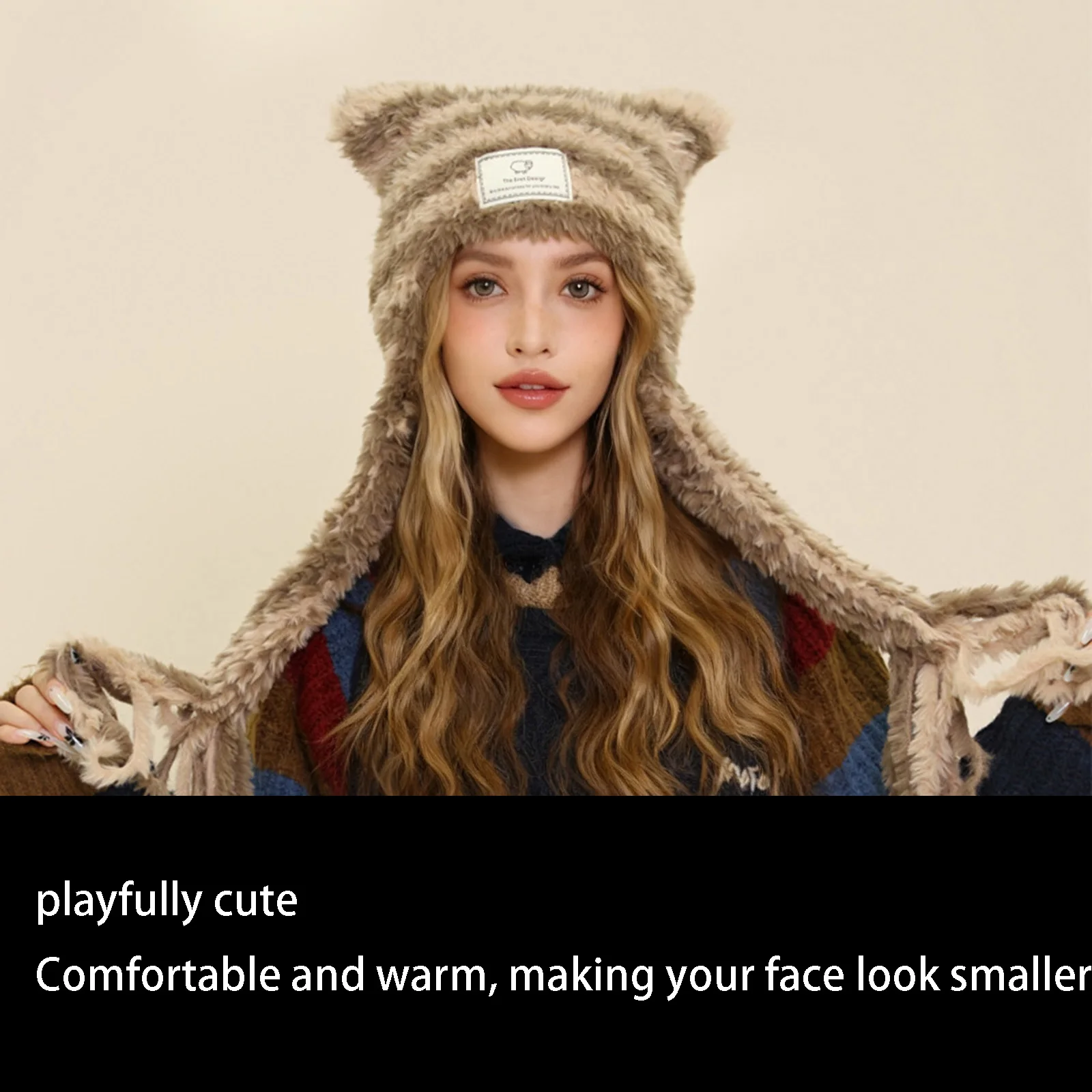Winter Cat Ear Flap Hat Adorable Plush Striped Contrast Color Warm Thick Beanie Cap for Women Girls Daily Casual Use