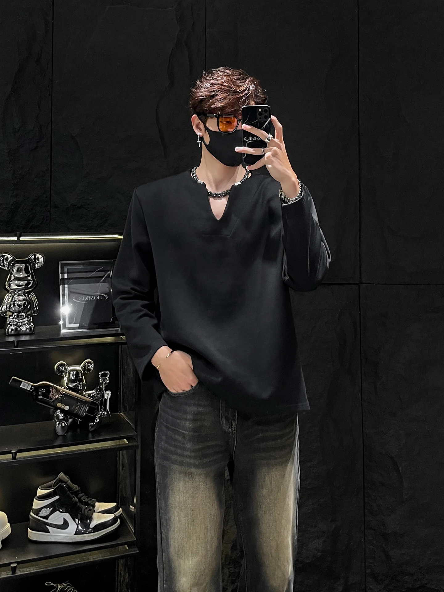 

Мужская удлиненная футболка HOMME с V-образным вырезом, утепленными плечами, свободного кроя, универсальная базовая одежда, комфортная, дышащая, из хлопка