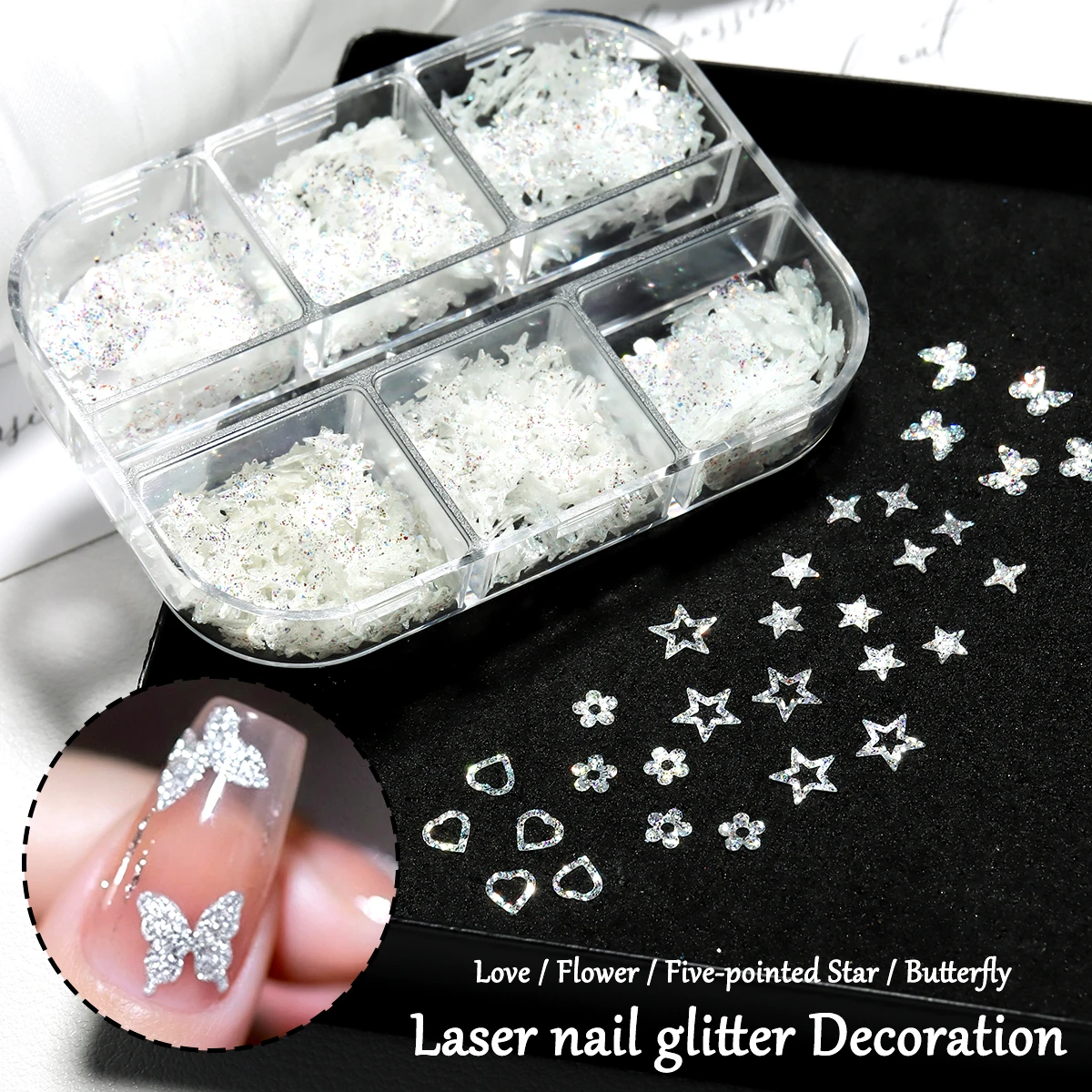 Holographic Laser Nail Glitter Sequin Sparkly Butterfly Star Heart Flower Shaped Nail Art Flakes Nail Paillettes DIY Nail Decora