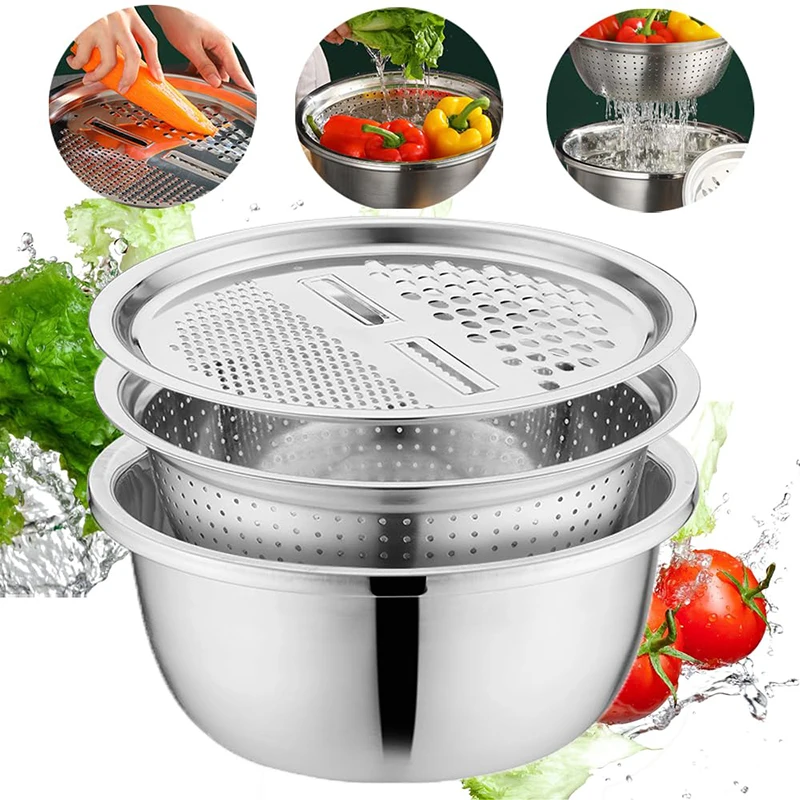 3Pcs Stainless Steel Pot Vegetable Cutter Slicer Drain Basket Sieve Colanders Kitchen Tool Grater Strainer Rice Washing Filter