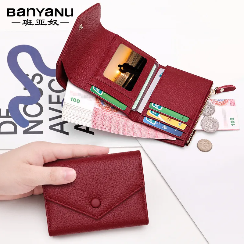 BanYaNu Genuine Leather Folding Womens Wallet Fashion Short Mini Coin Purse With ID Window Bank Card Holder Wallets for Women