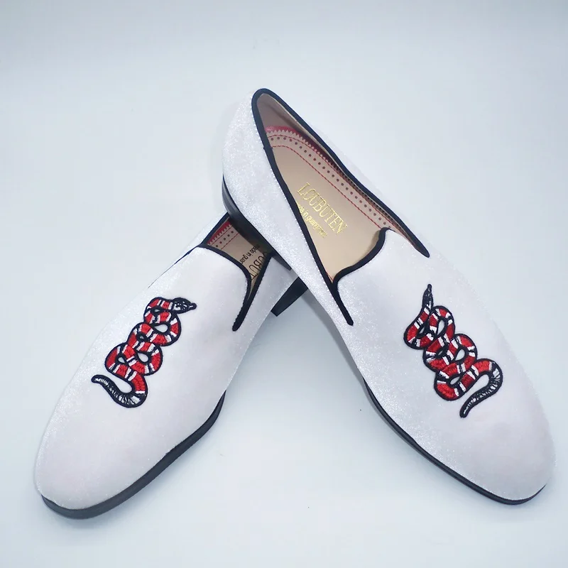 

White Men Velvet Loafers Fashion Snake Embroidery Dress Shoes Handcrafted Casual Shoes Men's Flats Party And Prom Shoes