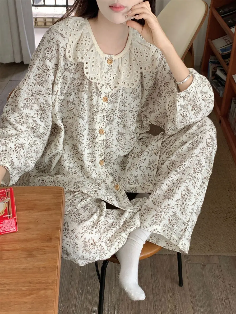 الجولة الرقبة الأزهار بيجامة مجموعات المرأة ربيع الخريف جديد طويل الأكمام بنطلون ملابس المنزل 2 قطعة مجموعة سيدة Kawaii الملابس Pj دعوى