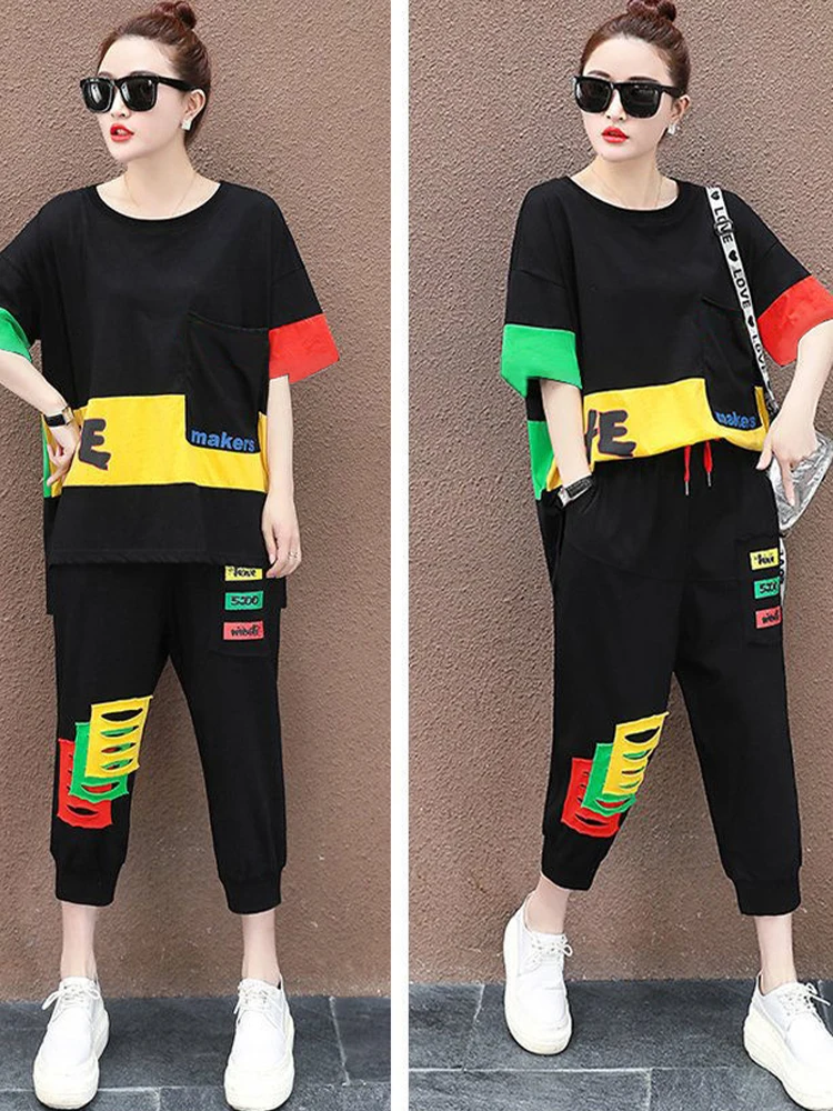 Max LuLu 2021 Summer Fashion Women Contrast Color Casual Two Pieces Sets Girl Short Sleeve Tops And Drawstring Loose Harem Pants