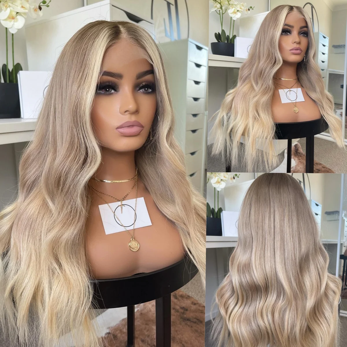 

Omber Light Blonde Synthetic Wigs Highlight Mix Color Deep Wave Lace Frontal Wigs On Clearance Sale High Quality PrePlucked Wigs