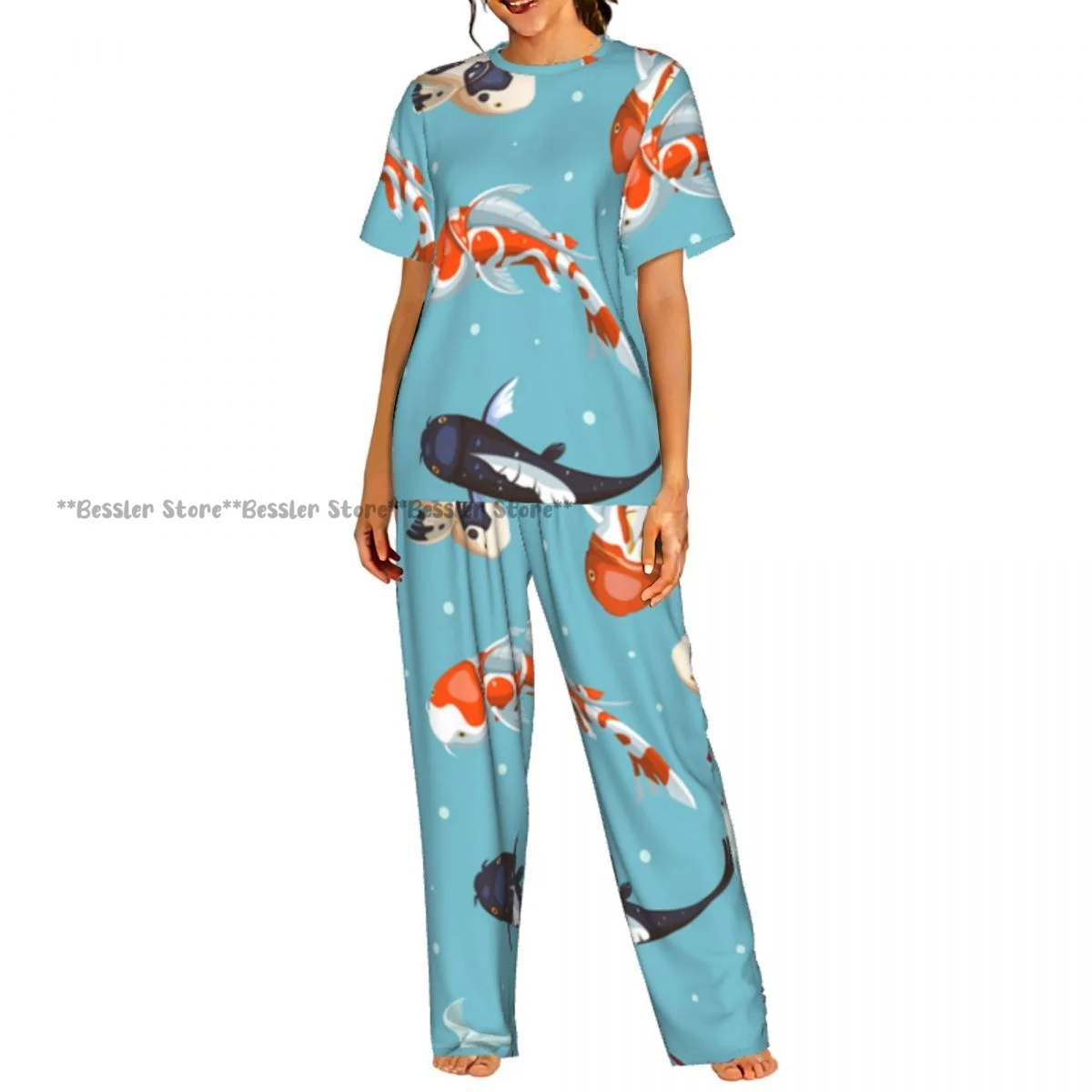 

Women's 2-piece set Fish Koi Pattern Pajamas Short sleeved Top and Pants Sleepwear