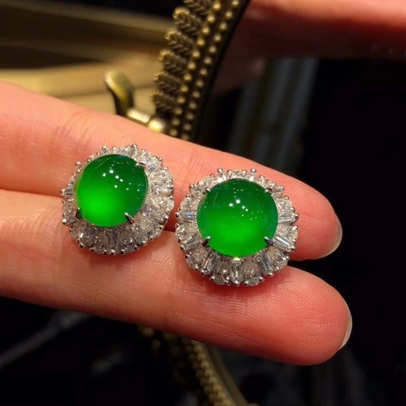 Nieuwe Ingelegd Natuurlijke Hetian Volledige Groene Chalcedoon Ronde Bloem Grote Oorbellen Luxe Overdreven Retro Zilveren Sieraden