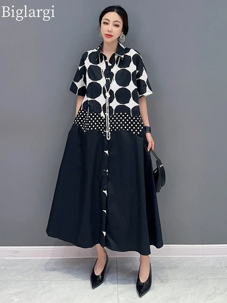 Summer Polka Dots Print Shirt Dress Women Short Sleeve Ladies Dresses  Casual Loose Big Size Woman Long Black Dress Femme 2023