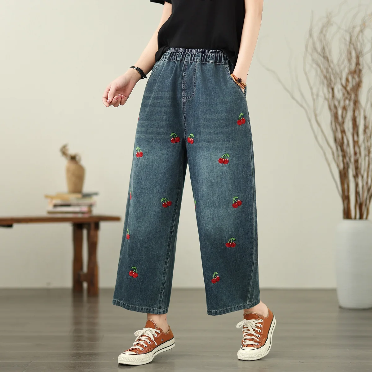 

Japanese Sweet Mori Girl Vintage Cherry Embroidery Denim Straight Pants Women Elastic Waist Casual Loose Jeans Wide Leg Pants
