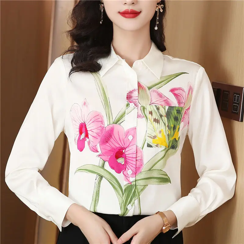 Elegant and Sophisticated Temperament Customized Printed Elastic Satin Long Sleeved Shirt Women\'s Spring New Style