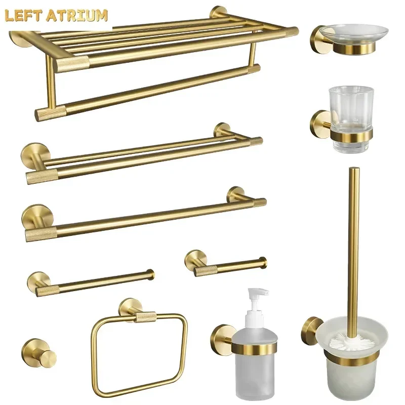 Brushed Gold Cross-Border 304 Stainless Steel Towel Rack Towel Bar Paper Towel Toilet Brush Rack Shelf Bathroom Accessories Set