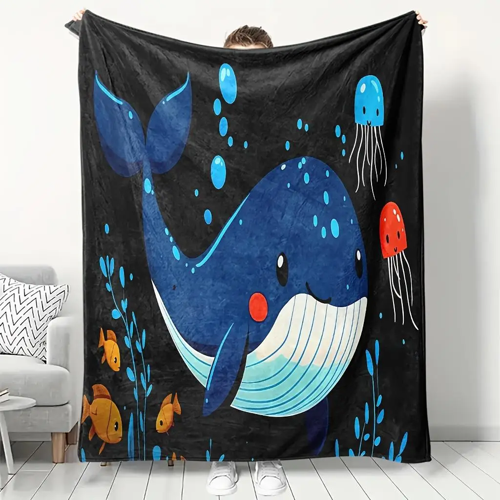 Cute Whale and Jellyfish Ocean Blanket Throw Nursery Decor Kids Room Bedding Under Sea Marine Life Print Gift Cozy Throw