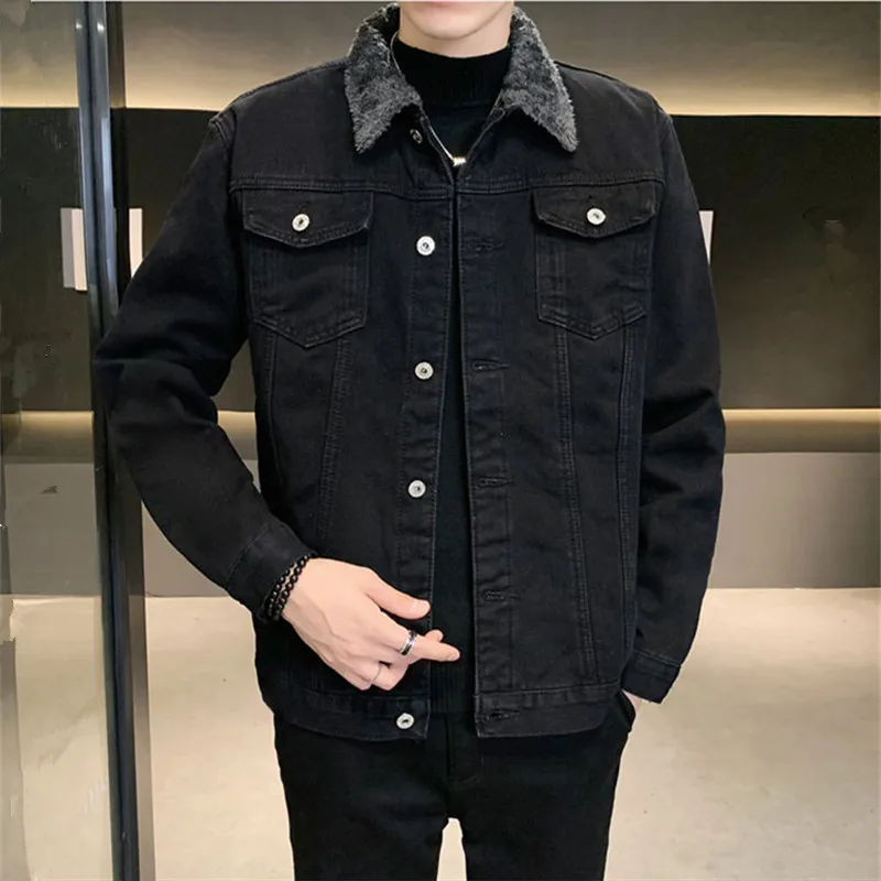 

Winter Men's Fleece Denim Jackets Thick Warm Casual Coat Trendy Lamb Fur Denim Jacket Mens Jean Outwear Male Solid Cowboy Coats