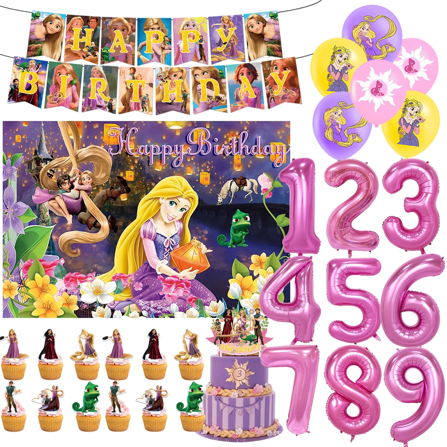 

Disney Tangled Girl Birthday Party Decorations Rapunzel Princess Cake Topper Balloons Backdrop Banner Birthday Party Supplies