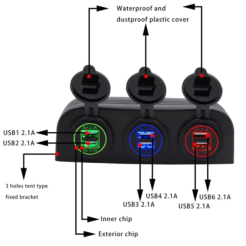 12V 24V 3 Holes Tent Type Universal Waterproof Triple 4.2A Dual USB Ports Car Charger Power Outlet Socket for Boat ATV RV