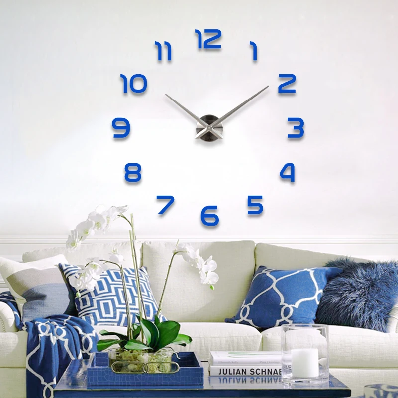 

Fashion 3D Mediterranean style big size blue wall clock mirror sticker DIY brief living room decor meetting room wall clock