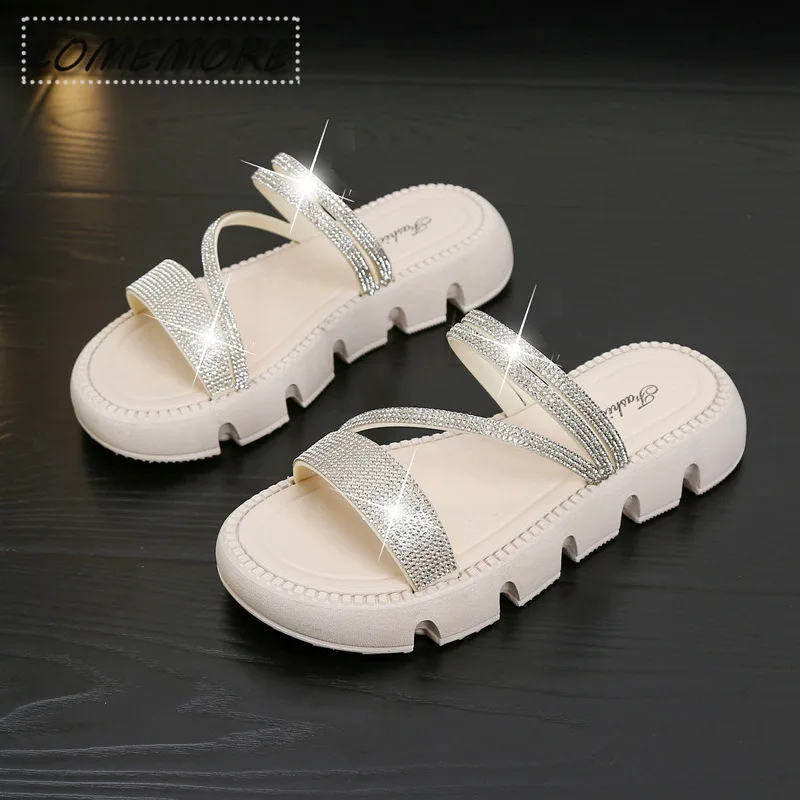 2024 Trend Summer Two Wear Round Head Women’s Dress Designer Luxury Rhinestone Slippers Large Size Sandals for Woman Beach Black