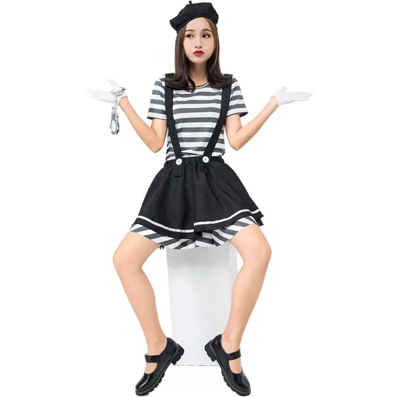 Nieuwe Halloween Clown Kostuum met Sa Streep Gevangene Spel Dames Cosplay Outfit Grappige Actr Prestaties Chinese Stage Clo...