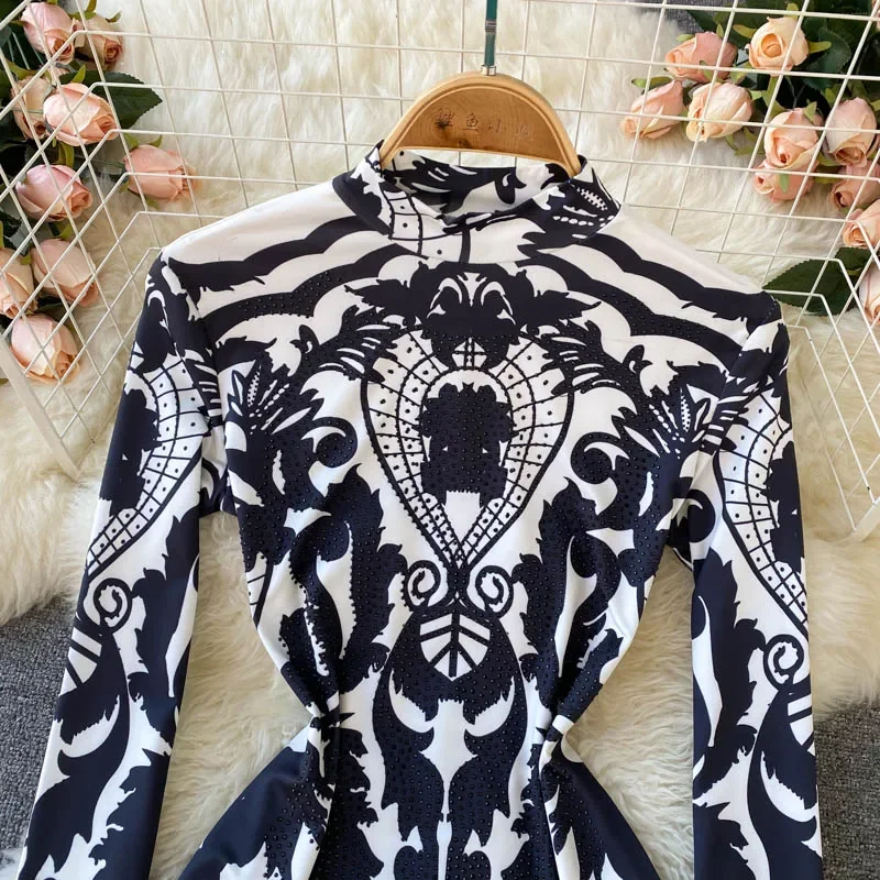European and American Style Printing Sexy Slim Stand-up Collar Tops Women Spring Autumn Design Sense One-piece Jumpsuit