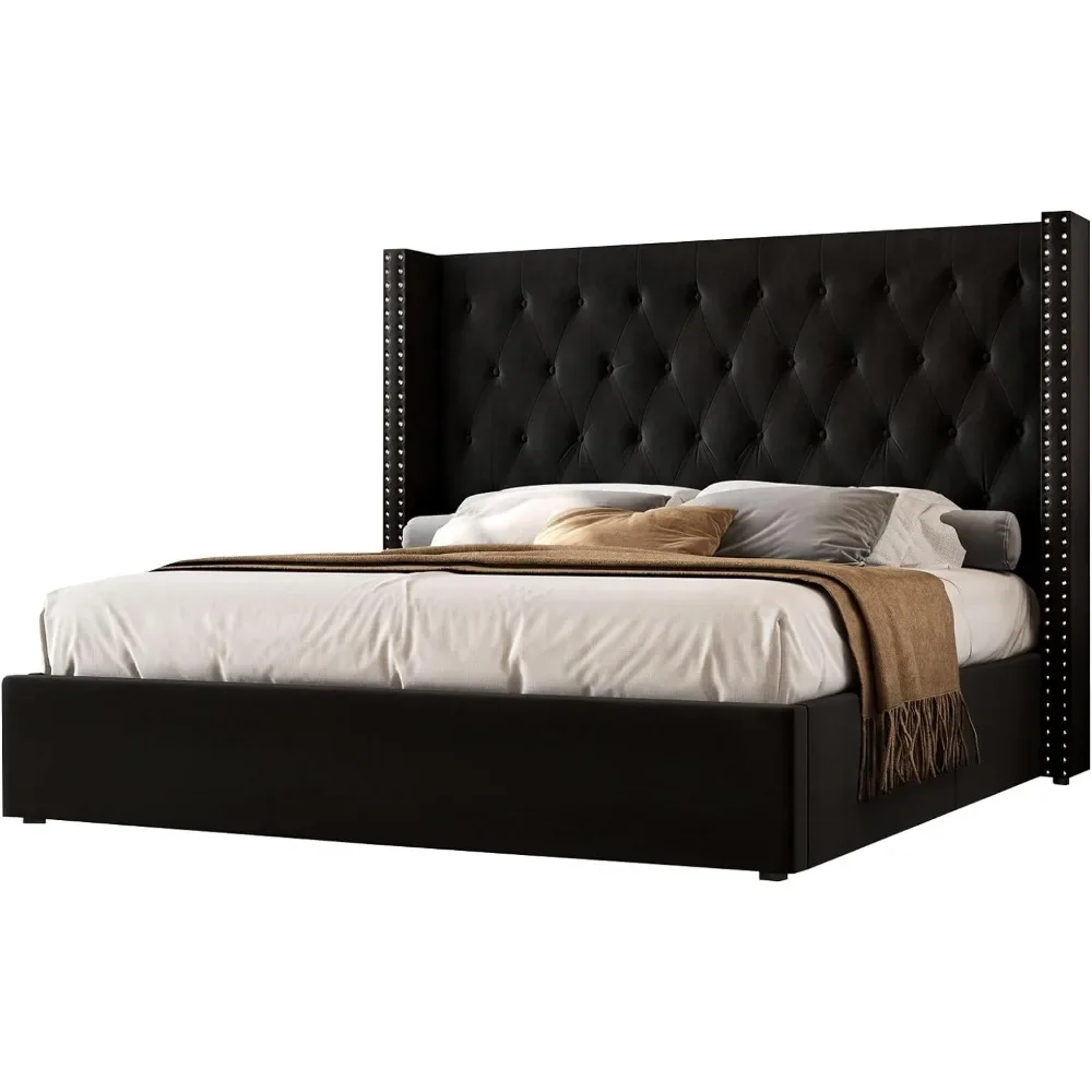 King Size Bed Frame with Button Tufted Wingback Headboard Hydraulic Lifting Storage Underneath, Lift Up Storage Bed Frame