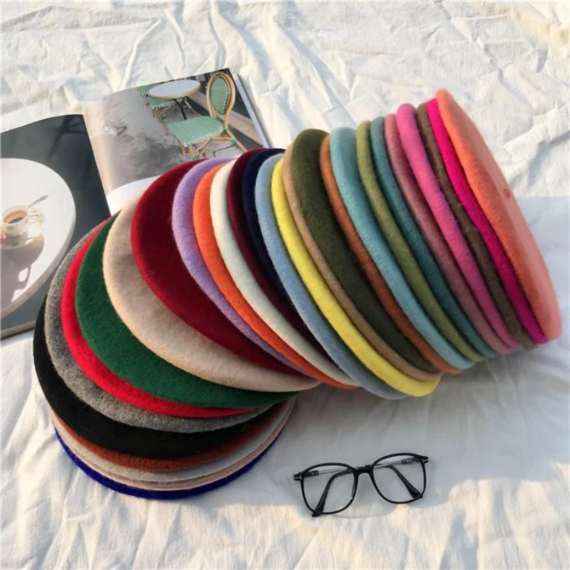 Women Girls Multicolor Beret French Artist Warm Wool Winter Beanie Hat Retro Vintage Plain Beret Solid Color Elegant Lady Berets