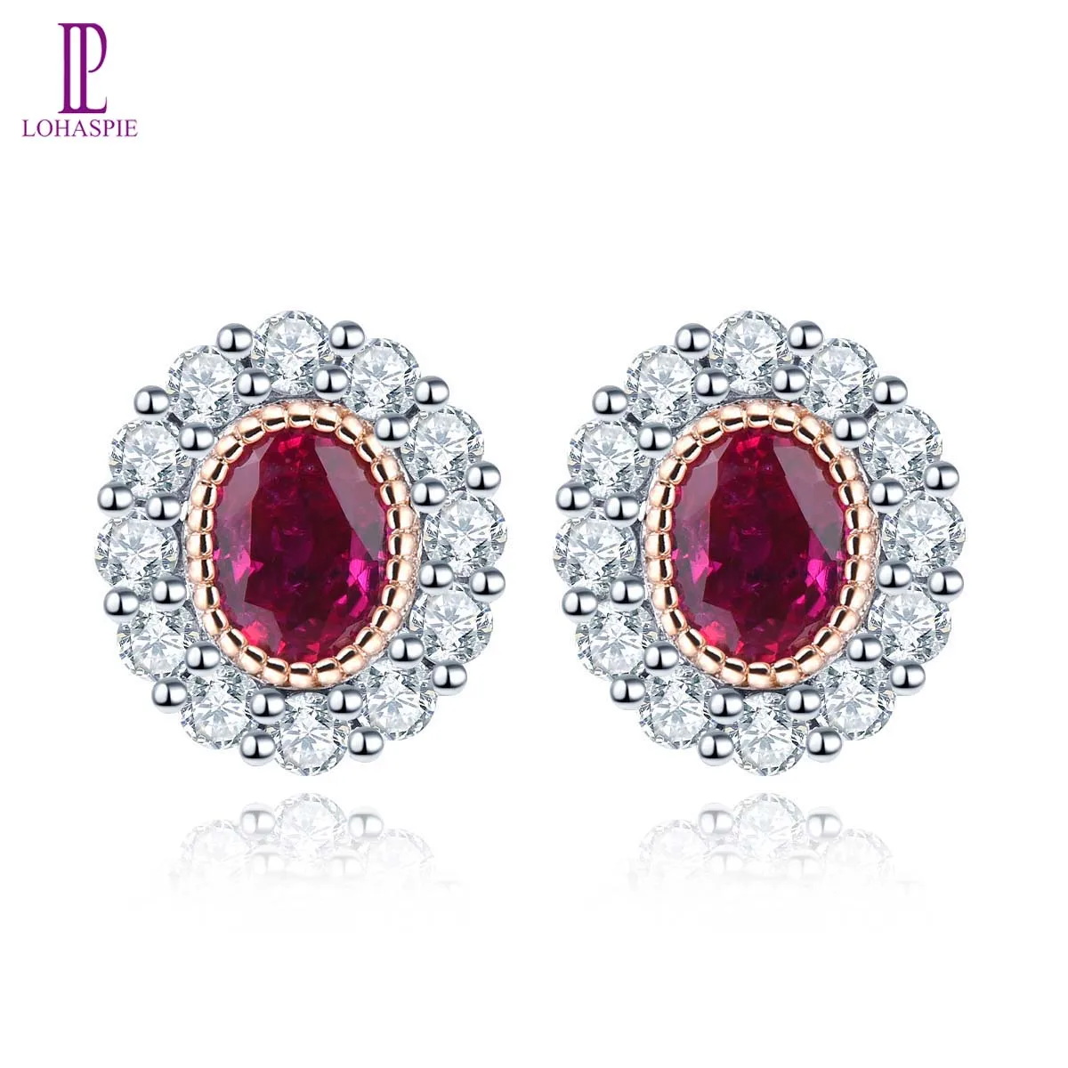 

LP Natural No Heated Ruby & Diamonds Stud Earring 14 K Rose Real Gold Earrings Classical Style Fine Jewelry for Girlfriend Gift