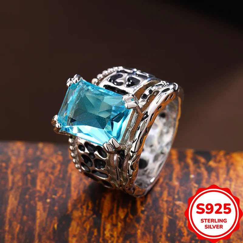 

Personalized Trendy Genuine S925 Silver Square Sea Blue Zircon Couple Retro Trendy Cool Dyed Black Ring
