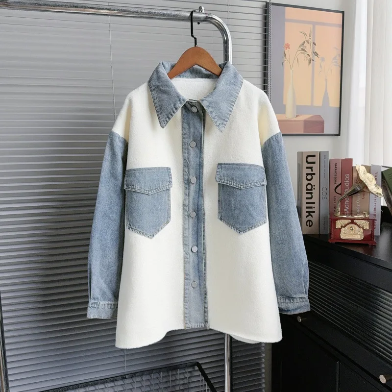 

SuperAen Retro Denim Splicing Sweater Jacket Women's 2025 Autumn and Winter New Design Knitted Cardigan Top