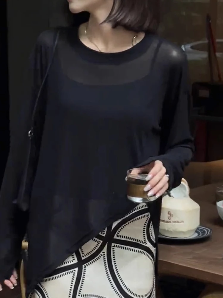 

Круглый Ne Pure Color Роскошный Ранняя Осень Длинный Све Ледяной Шелк Трикотажный Топ На Головной Простой Sle завод T irt Женская мода